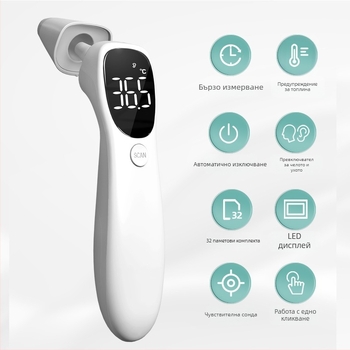 Инфрачервен термометър за челото и ухото — двойно използване, LED дисплей, модел Aet-r842, презареждаема батерия 3.7V, тегло 73 г