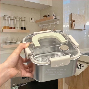 Ланчбокс от 304 неръждаема стомана с капак, квадратен, подходящ за микровълнова, капацитет 1–2 л, един слой