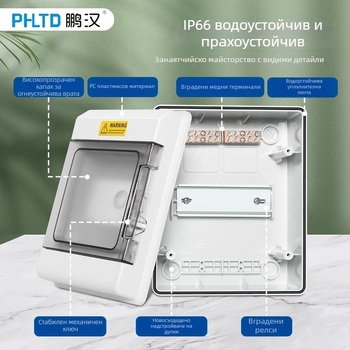 Фотоволтаичен разпределителен шкаф IP66, водо- и прахоустойчив корпус PC поликарбонат, 4–36 вериги, 1–2 реда, номинален ток 10 A, ток късо съединение 30 A