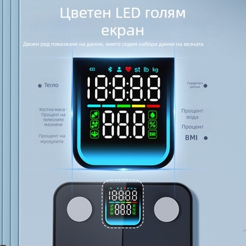Везна за телесна мазнина и вода, с 4 сензора, Bluetooth BLE, LED дисплей, капацитет 180 кг
