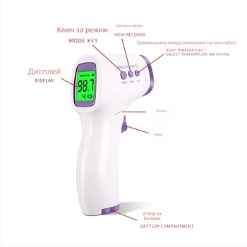 Модел HSP-EWQ-004 Безконтактен инфрачервен термометър за чело, ръчен, с цифров дисплей, двоен режим: телесна и обектна температура