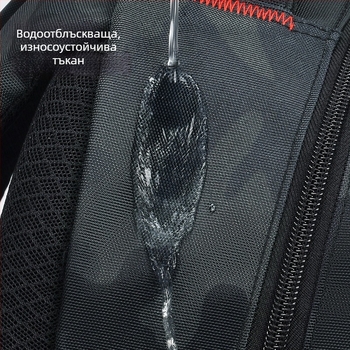 Унисекс ученическа раница с камуфляжен геометричен принт; лека и водоустойчива Oxford тъкан; презрамки с въздушна система за защита на гръбнака и облекчаване на товара; подходяща за 5–6 клас