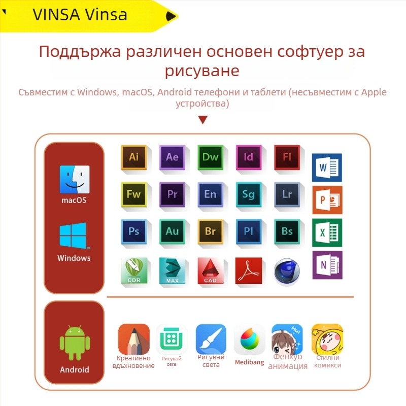 Wencai VIN1060PLUS дигитален таблет за рисуване с пасивна писалка, 16384 нива на чувствителност, съвместим с компютър и мобилен телефон, ABS корпус
