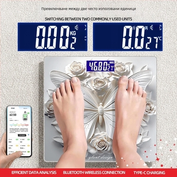 Везна за телесни мазнини с дизайн в стил пеперуда (3D), 180 кг капацитет, ABS корпус, безжичен обхват до 5 м, 220V захранване, измерване на телесни мазнини и телесна вода