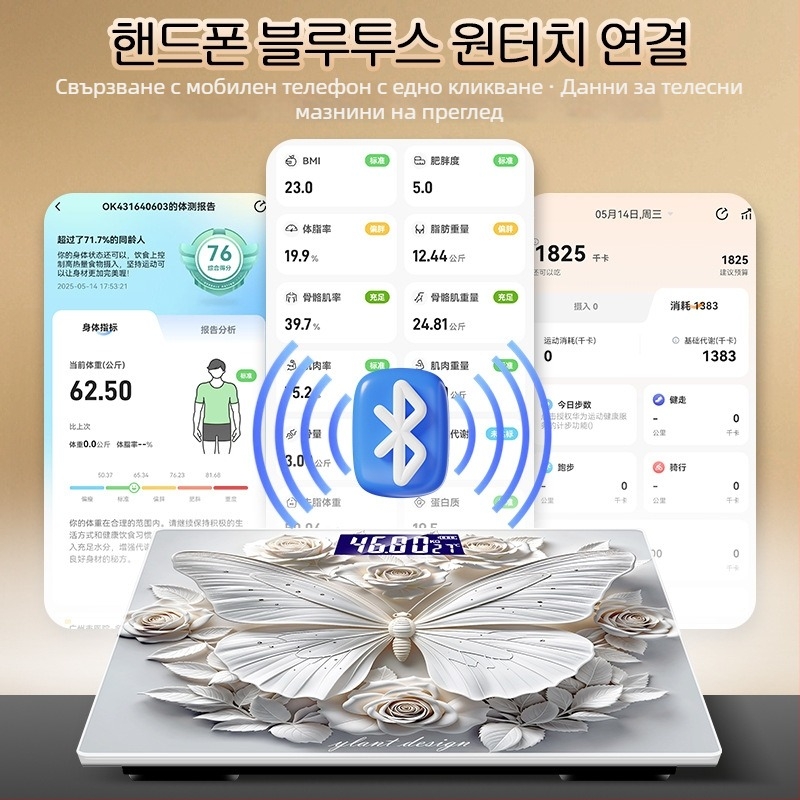 Везна за телесни мазнини с дизайн в стил пеперуда (3D), 180 кг капацитет, ABS корпус, безжичен обхват до 5 м, 220V захранване, измерване на телесни мазнини и телесна вода