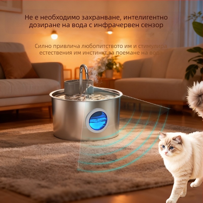 Автоматичен дозатор за вода за домашни любимци от неръждаема стомана, за котки и кучета, 3,2 л, инфрачервен сензор, кръгла форма