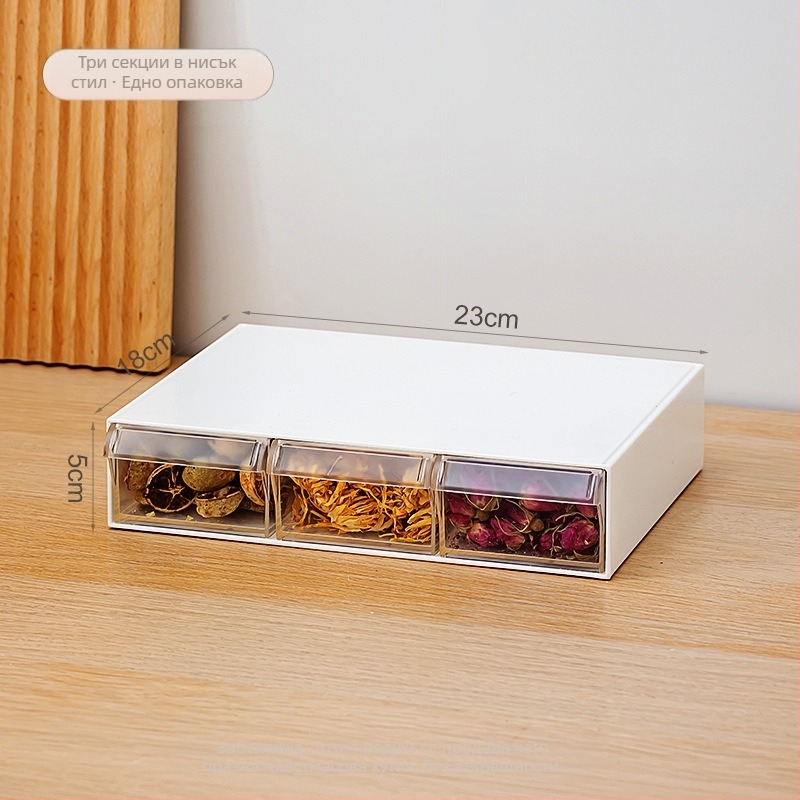 Кутия за чай и подправки с чекмедже, прозрачен хранителен пластмасов разделител, шест отделения, квадратна форма