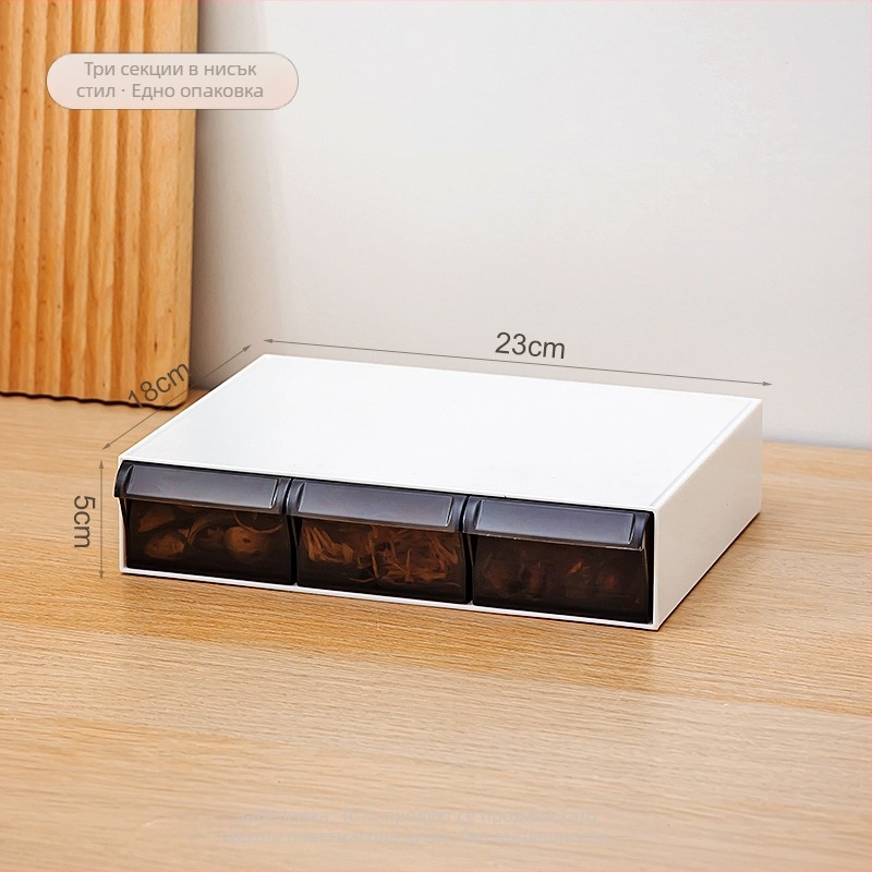 Кутия за чай и подправки с чекмедже, прозрачен хранителен пластмасов разделител, шест отделения, квадратна форма