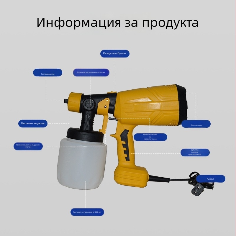 AC електрически пистолет за боядисване – висока мощност, улеснено пръскане, 450W, 200V, дюза 1.5 мм, резервоар 1000 мл, подходящ за боядисване и дезинфекция