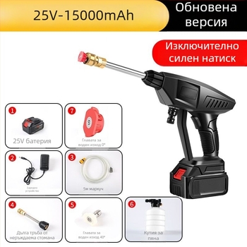 Портативна безжична водоструйка за автомобили – ST-2, 50 bar, разпръскване 6–8 м, литиева батерия, пластмаса + неръждаема стомана