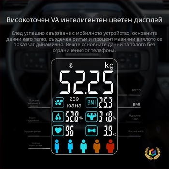Везна за телесна мазнина с Bluetooth, iOS приложение, 4 високопрецизни сензора, обхват 0,3–180 кг, Tempered Glass