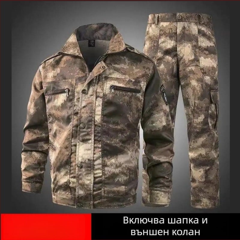 Камуфлажен работен костюм за открито, издръжлив и влагоотвеждащ, памук-полиестер смес, 90% полиестер, пролетно-есенна употреба, за фабрични работни условия