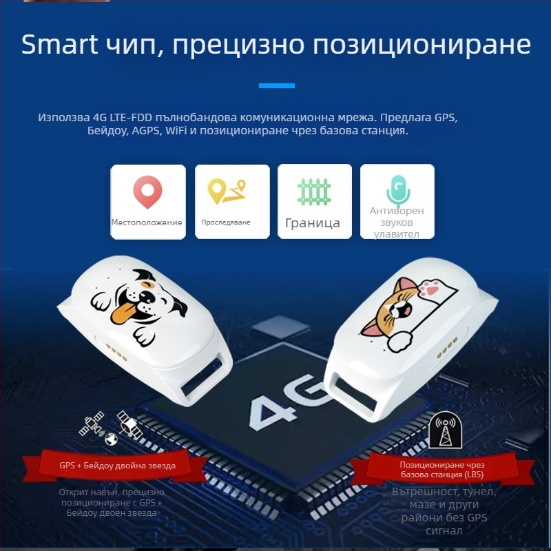 Локатор за домашни любимци на каишка с 4G, съвместим с Android и iOS, 500 mAh, тегло 30 g, размери 31×61×16 мм