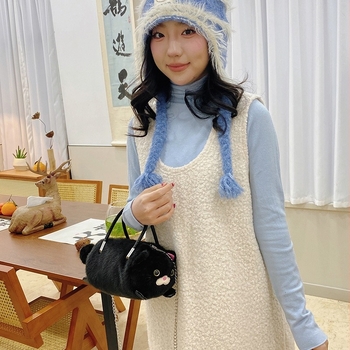 Детска плюшена кръстосана чанта с мотив котешка лапа, кадифена материя, цип за затваряне, джоб за телефон