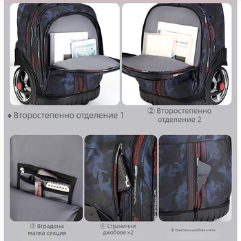 Дамска раница с колела за ученици от средното училище и нагоре, с една въртяща се ролка, Oxford плат, водоустойчива, антибактериална и износоустойчива, отразителни елементи за нощна безопасност, криви презрамки за рамо, подплата от полиестер, стил градска 