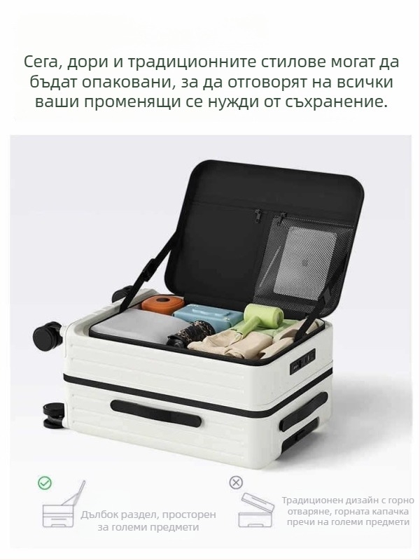 Предноотварящ се ръчен багаж, унисекс, ABS+PC, ципово отваряне, универсални колела, обикновен комбиниран замък