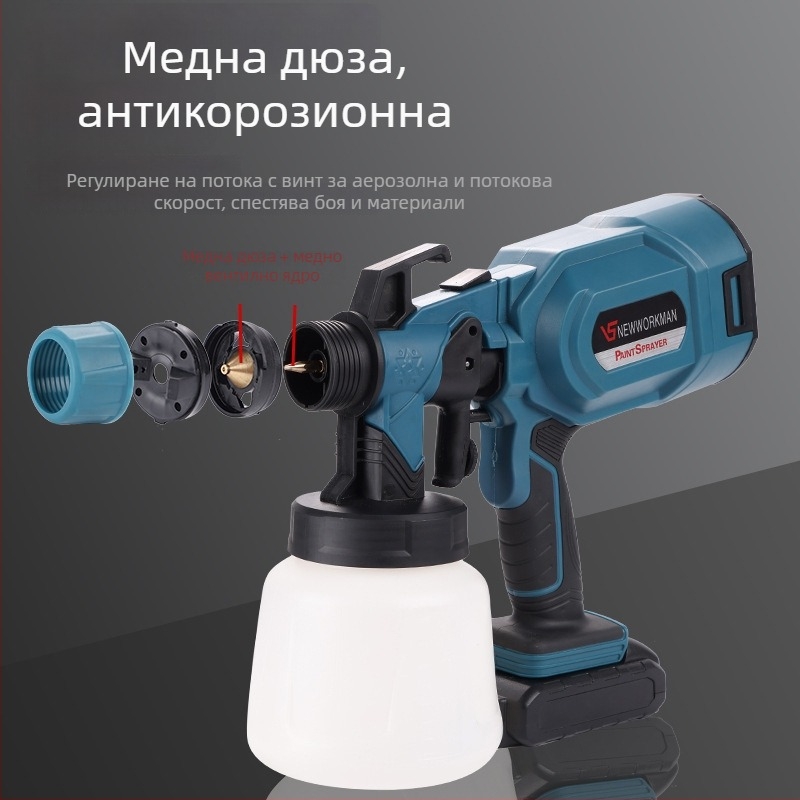 Преносим електрически пулверизатор с литиева батерия – разглобяема високонапорна пръскалка за латексова боя, подходящ за интериор, покрив, външни стени, автомобил и дърво; напрежение 21–220V