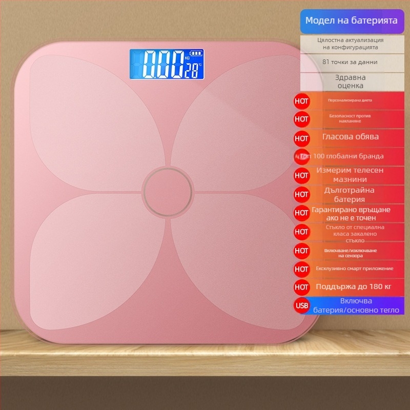 TCL 6039-SY Везна за телесни мазнини, капацитет 180 кг, 3-инчов LED дисплей, USB захранване, анализ на телесни мазнини и вода, закалено стъкло