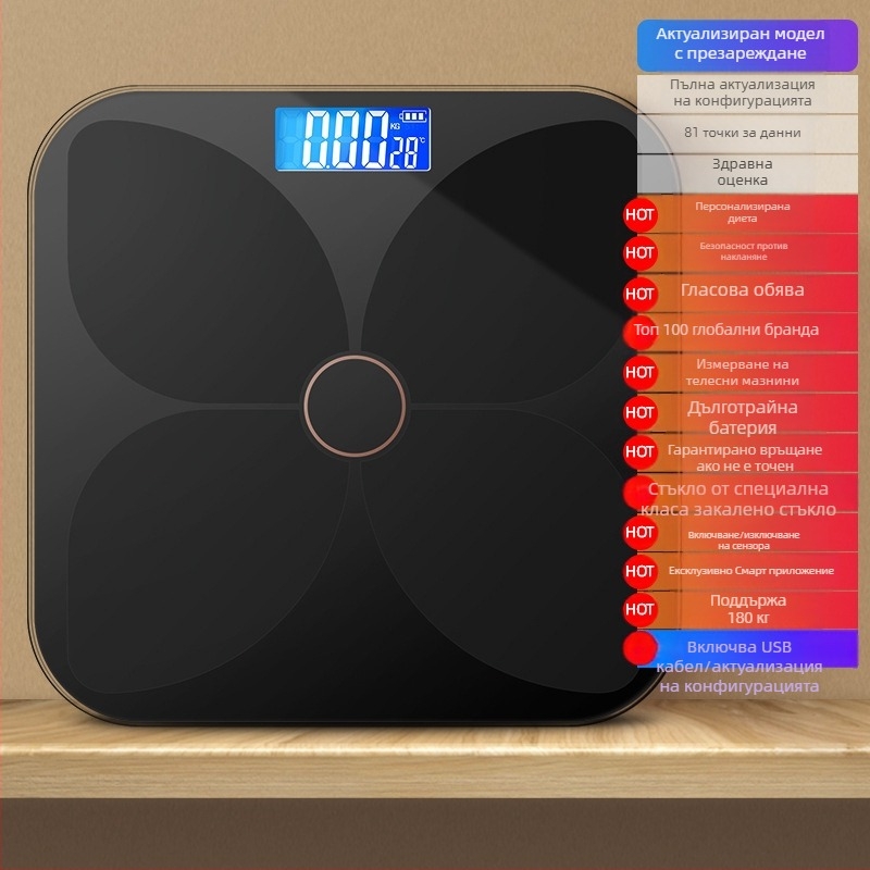 TCL 6039-SY Везна за телесни мазнини, капацитет 180 кг, 3-инчов LED дисплей, USB захранване, анализ на телесни мазнини и вода, закалено стъкло