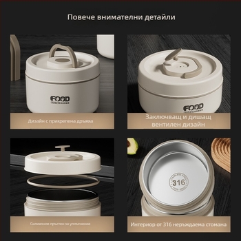 Кутия за обяд от 316 неръждаема стомана, кръгла, изолирана, микровълнова безопасна, двойно-слойна