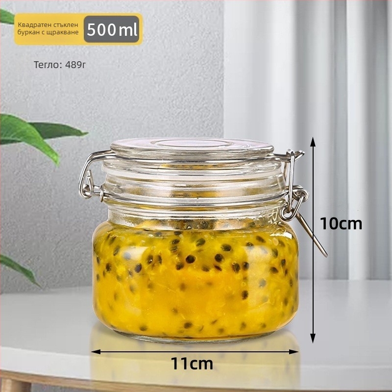 Стъклен буркан за съхранение, кръгъл, със запечатващ капак и катарама, хранителен клас, безоловен, обем 800-1000 ml