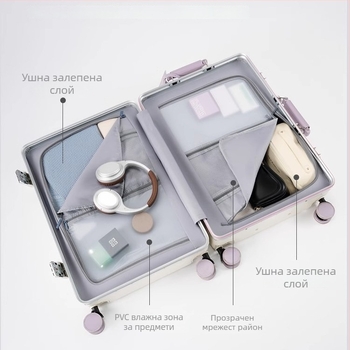 Куфар за пътуване с ABS+PC корпус, USB порт, универсални колела, заключване с комбинация, тегло 4,2 кг