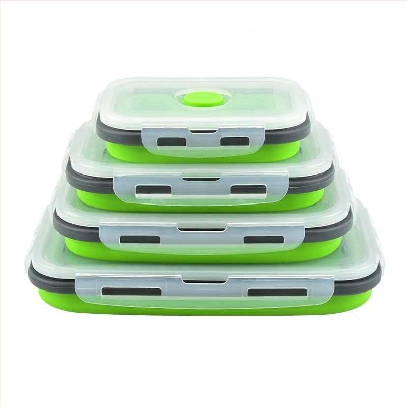 Силиконова сгъваема кутия за обяд – правоъгълна, хранителен силикон + пластмаса, микровълнова съвместима, капацитет 1–2 л