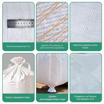 Контейнерна торба за насипни товари с четири висящи халки и плоско дъно, товароподемност 1.5-2 тона, полипропиленова тъкан, печат по поръчка