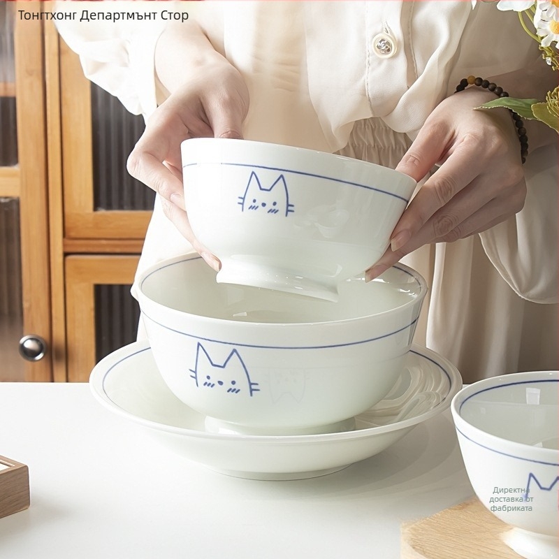 Японски стил керамична купа за ориз с котешки мотив под глазура, кръгла форма, узор 69850, копринени цветя, универсален стил