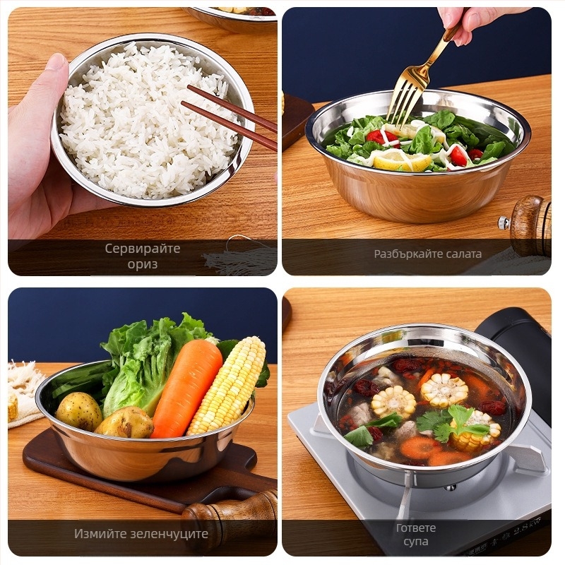 Комплект от неръждаема стомана 304: удебелени купи за супа и прибори за хранене, хранителен клас, за хотели и столови, електроплатирана повърхност