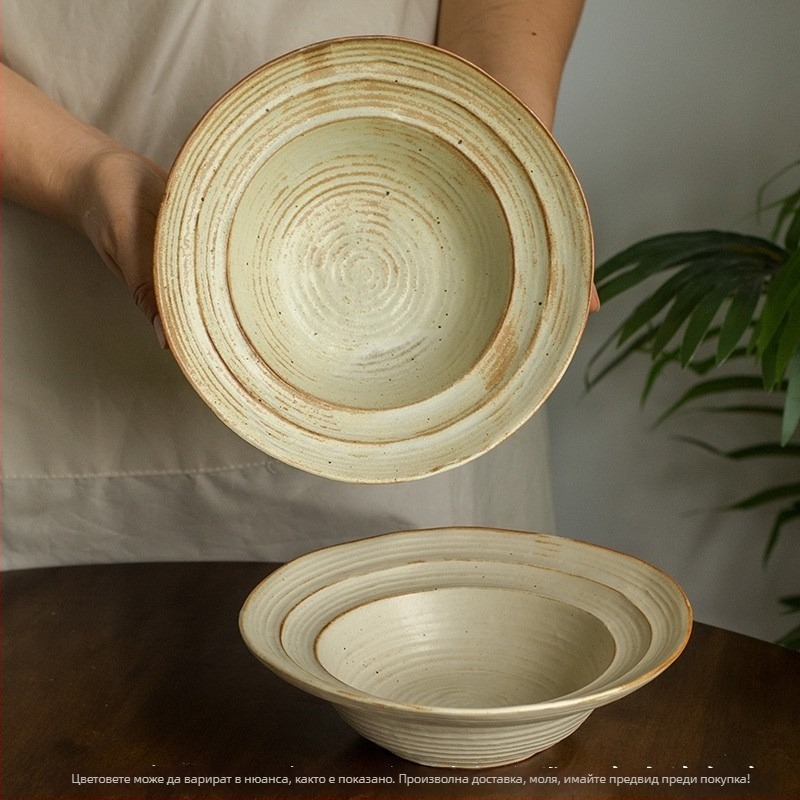 Керамична купа за салати с неравна форма, ретро стил, глазурована повърхност, подходяща за микровълнова