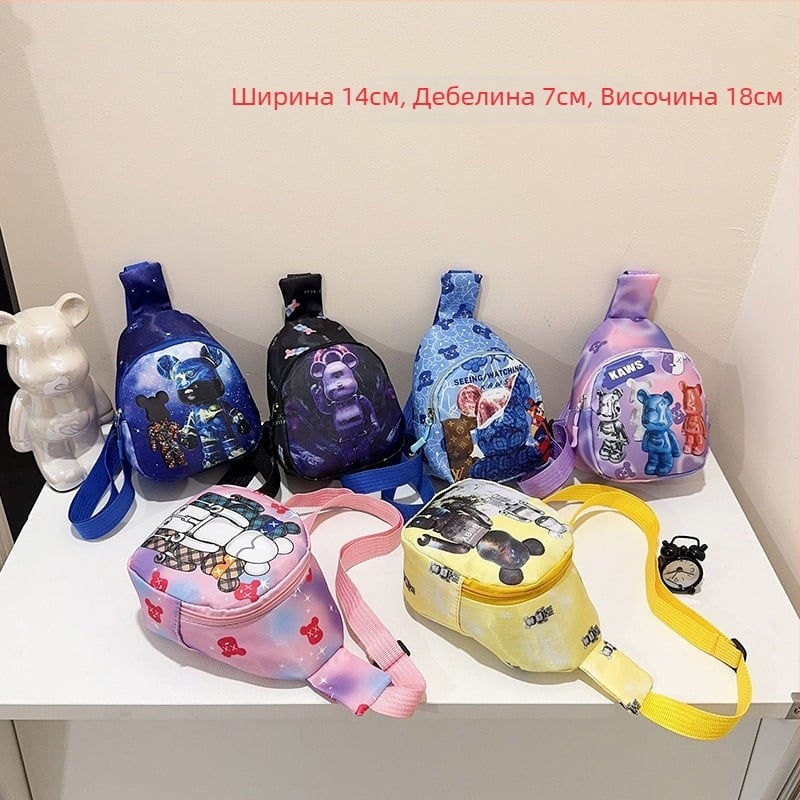 Детска чанта за кръст с анимиран принт на мече, нейлон, подплата полиестер, дишаща и износоустойчива, подходяща за детска градина