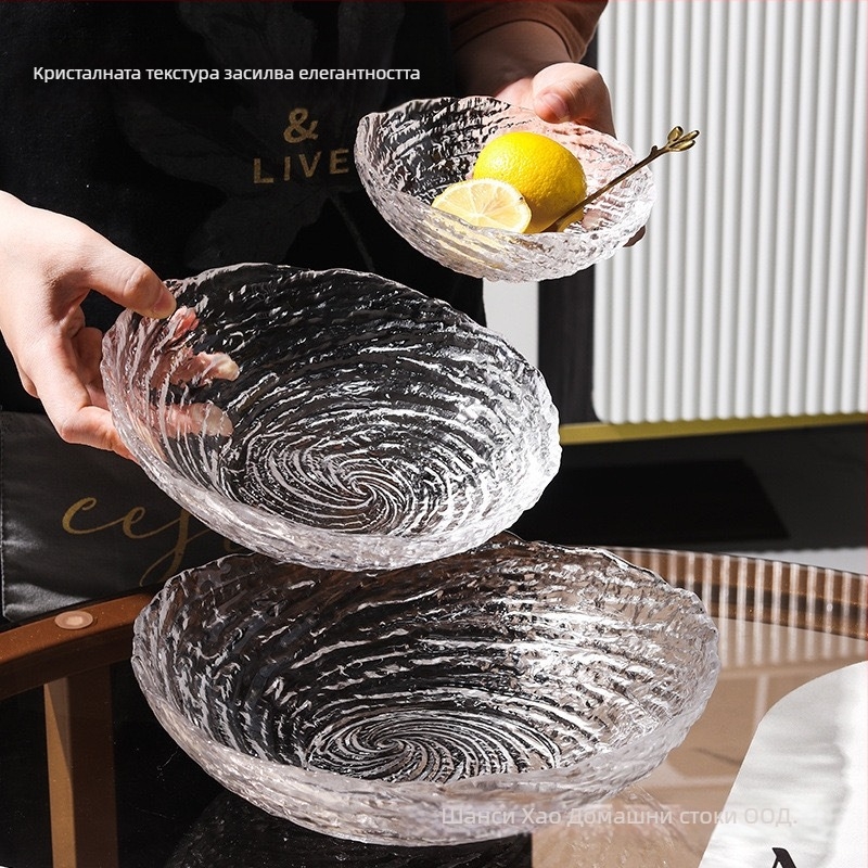 Стъклен сервиз с ледена шарка: нерегуларни купи за плодове и плочи за десерти, прозрачен сервиз за десертни чаши за захарна вода; ръчно изработено, възможна персонализация, модерен минималистичен стил