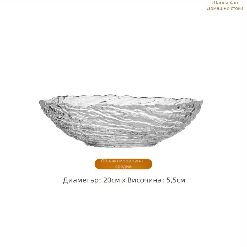 Стъклен сервиз с ледена шарка: нерегуларни купи за плодове и плочи за десерти, прозрачен сервиз за десертни чаши за захарна вода; ръчно изработено, възможна персонализация, модерен минималистичен стил