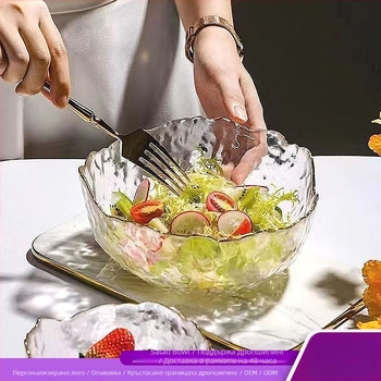 Стъклен комплект съдове за хранене: салатена купа, купа за супа, десертна чаша и плодова чиния; термоустойчиво стъкло; ръчна изработка; персонализируем; японски стил; за дом и общежитие.