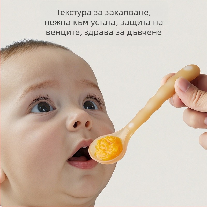 Бебешка силиконова лъжичка за хранене - мека за обучение, пълна силиконова, прост стил, с кутия за съхранение