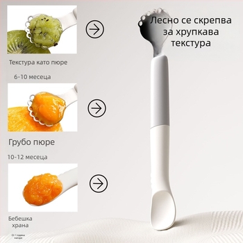 Детска лъжичка за хранене с два края – неръждаема стомана, прост стил, подходяща за деца над 3 месеца