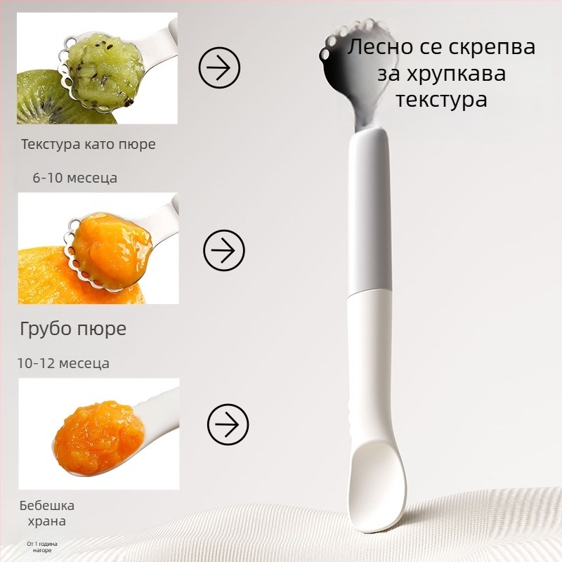 Детска лъжичка за хранене с два края – неръждаема стомана, прост стил, подходяща за деца над 3 месеца