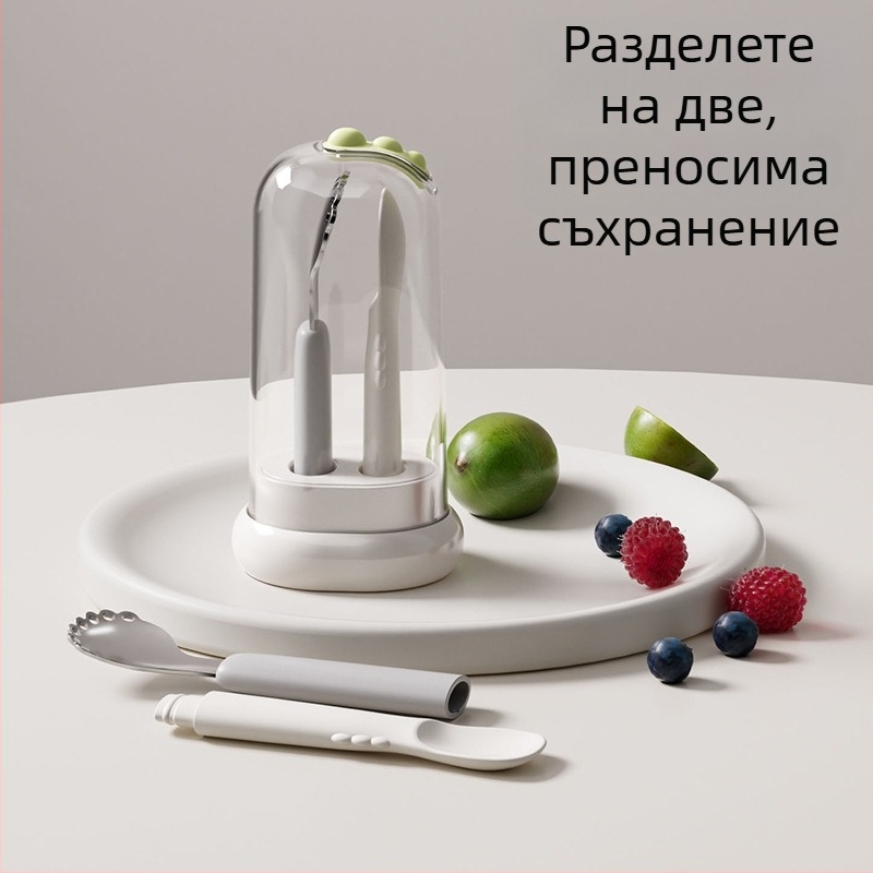 Детска лъжичка за хранене с два края – неръждаема стомана, прост стил, подходяща за деца над 3 месеца
