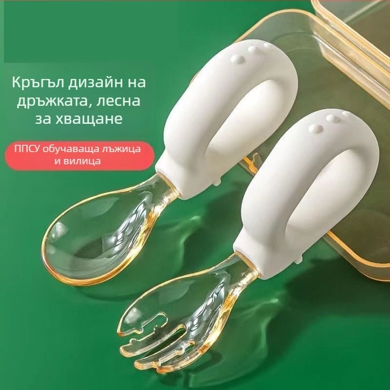 Детски обучителен комплект лъжичка и вилица с рингова дръжка, силикон, за деца над 6 месеца, 1 комплект