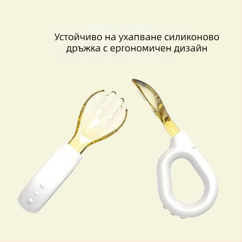 Детски обучителен комплект лъжичка и вилица с рингова дръжка, силикон, за деца над 6 месеца, 1 комплект