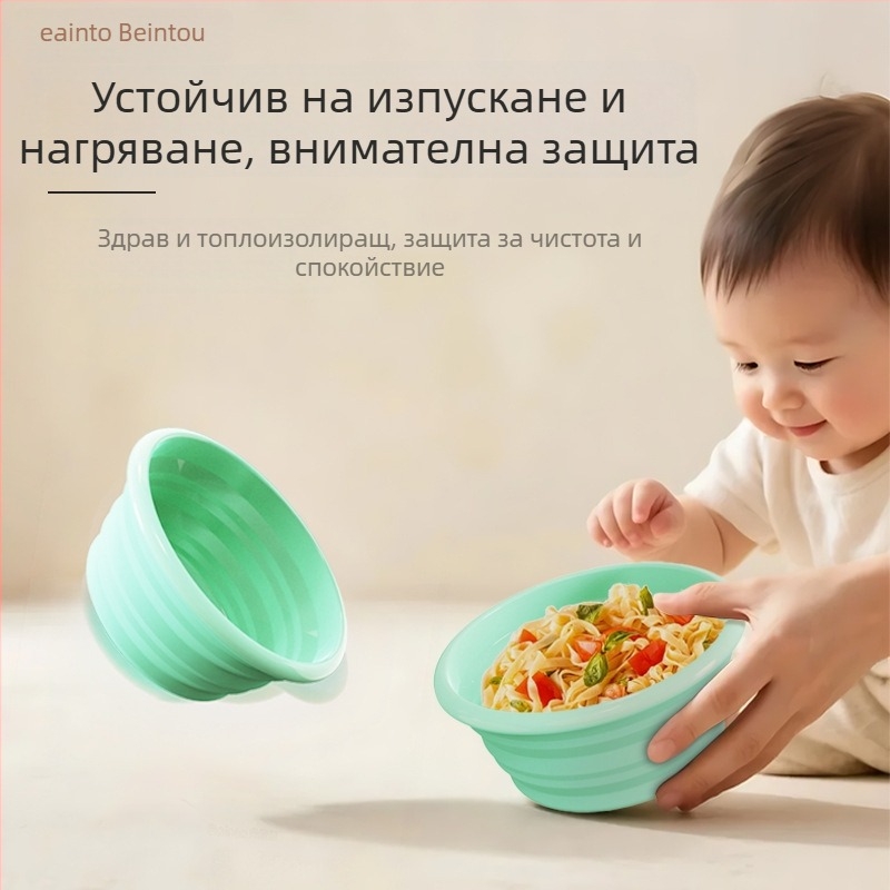 Бебешки прибори за хранене: силиконова сгъваема купа и лъжичка, марка Bainto, 1 комплект, за деца над 6 месеца