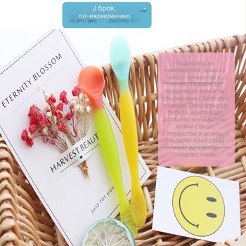 Допълваща силиконова лъжичка за бебета, двойна глава с температурен сензор, мека глава, антиизгаряне, за деца над 3 месеца