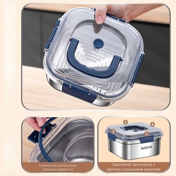 Ланч кутия от хранителна неръждаема стомана със капак, квадратна форма, 800–1000 ml, еднослойна, запазва свежестта