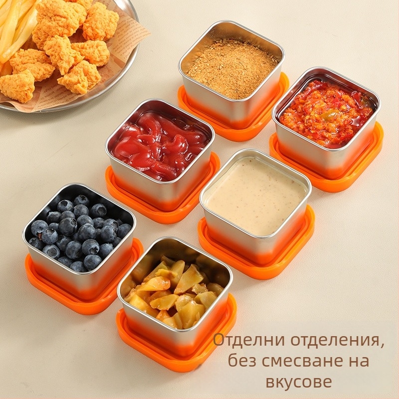 Квадратна кутия за сосове и подправки от 304 неръждаема стомана, със силиконов капак против протичане, капацитет под 300 ml, еднослойна