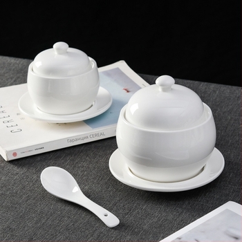 Порцеланова супена купа за водна баня със капак, кръгла форма, микровълнова безопасна, подглазурно покритие