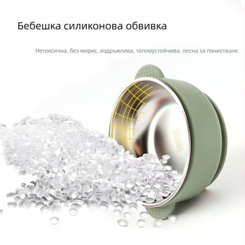 Неръждаема стомана детски комплект за хранене: чиния с три отделения, всмукваща база, купа с две дръжки и прибори (вилка и лъжица); 304 неръждаема стомана; за деца над 6 месеца; комплект 4 броя