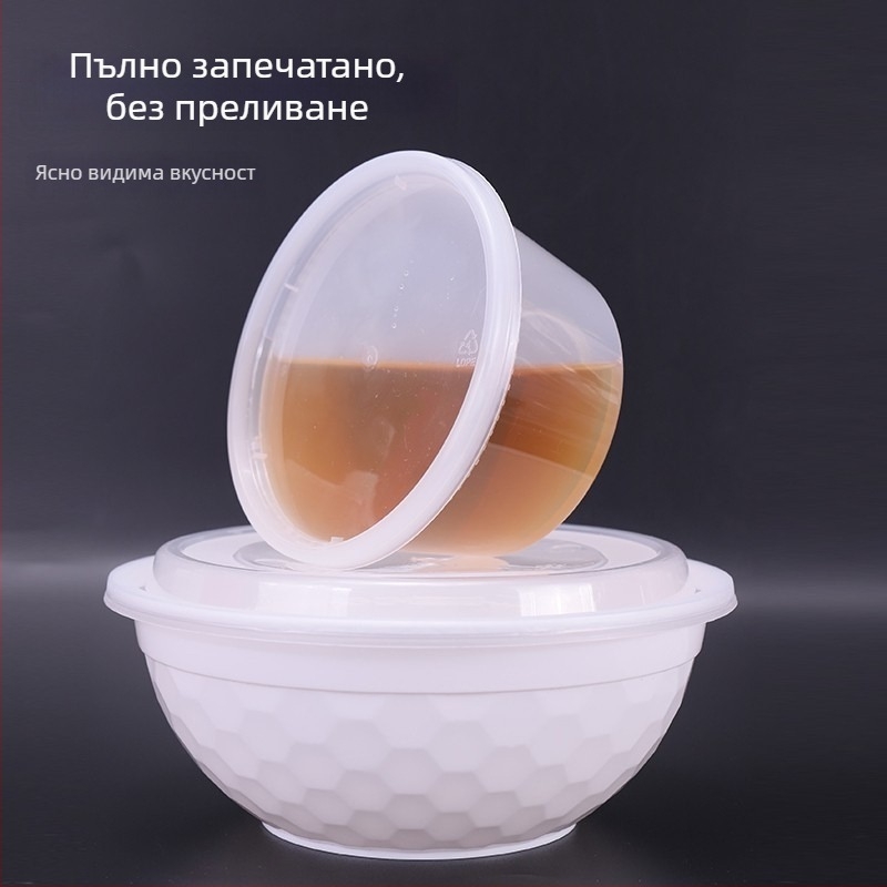 Еднократна пластмасова купа с капак за запечатано хранене за разнос; непроливна чаша за супа; кутия за десерт с четири плодове; срок на годност 3 години; марка Famous Glory