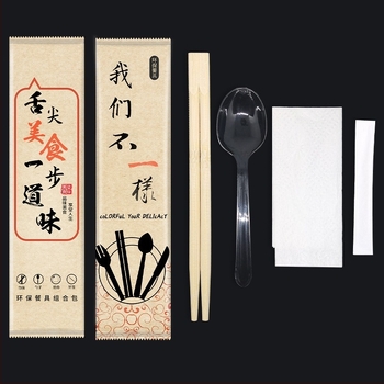 Еднократни бамбукови клечки със лъжица, комплект четири в едно; материал бамбук; печат на лого наличен; не се използва в микровълнова