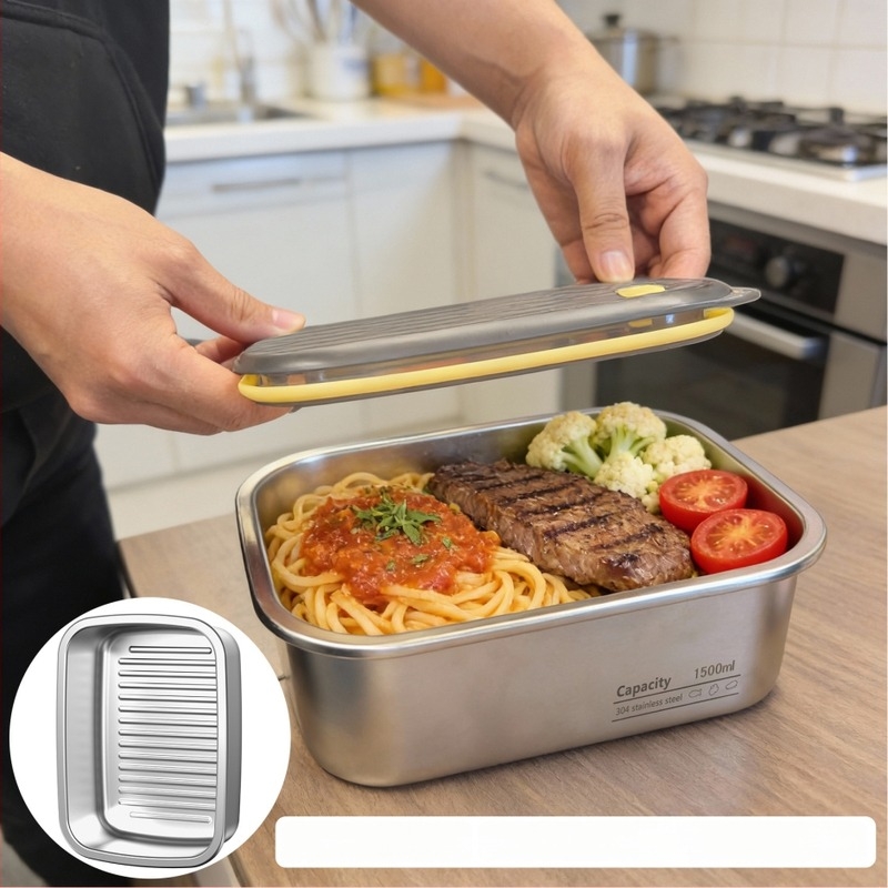 Неръждаема стомана кутия за обяд, хранително качество, запечатана с капак, цилиндрична, 1–2 л, еднослойна